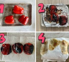 easy vegan italian roasted peppers recipe, process shots showing how to roast and peel peppers for Italian roasted peppers recipe