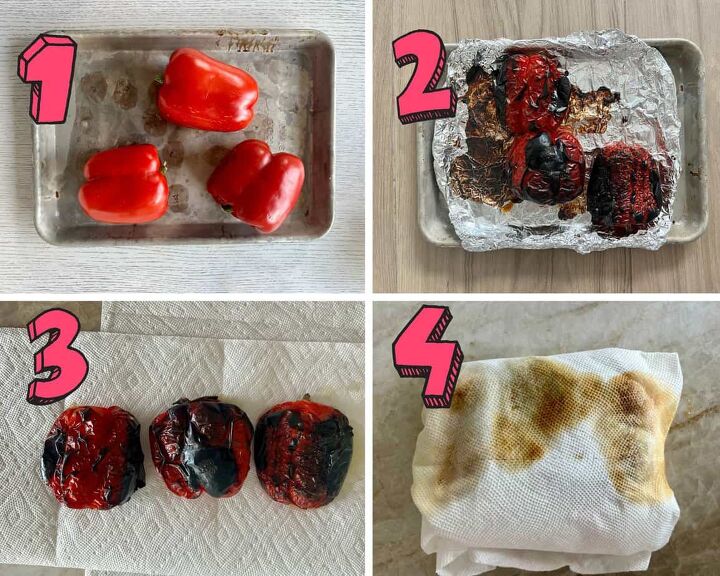 easy vegan italian roasted peppers recipe, process shots showing how to roast and peel peppers for Italian roasted peppers recipe