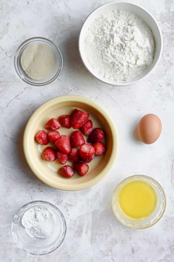 homemade strawberry waffles so easy, Ingredients for strawberry waffles are laid out