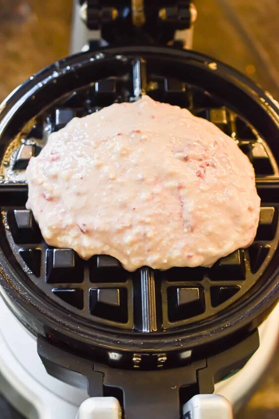 homemade strawberry waffles so easy, Step 6 Grease the Belgian waffle iron and add the waffle batter to the waffle iron Cook until golden brown based on your waffle iron