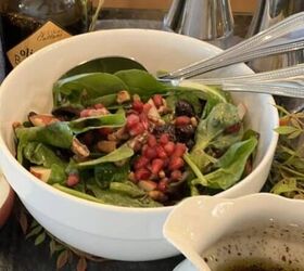 how to make a delicious pear and pecan salad, How to Make a Delicious Pear and Pecan Salad pomegranate seeds pecans spinach balsamic vinegar small pitcher serving spoon and fork