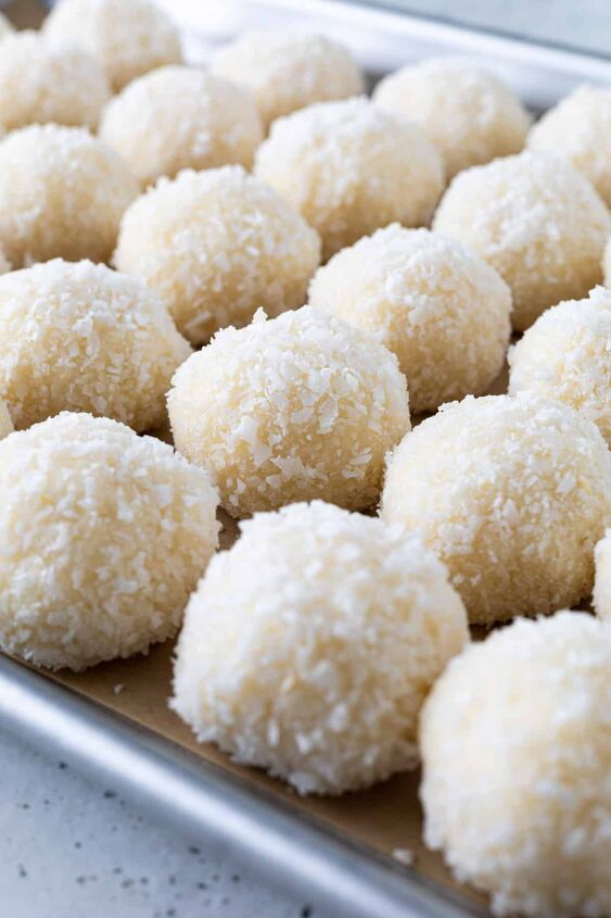 easy no bake coconut balls 2 ingredients, Form the mixture into balls and coat them in coconut