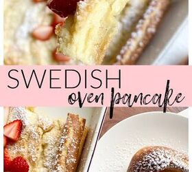 swedish oven pancake, Swedish Oven Pancake in a 9x13 white baking dish also sliced with strawberries on a white dinner plate