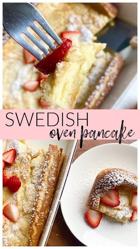 swedish oven pancake, Swedish Oven Pancake in a 9x13 white baking dish also sliced with strawberries on a white dinner plate