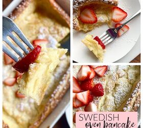 swedish oven pancake, Collage of Swedish Oven Pancake photos all dusted with powdered sugar and sliced strawberries
