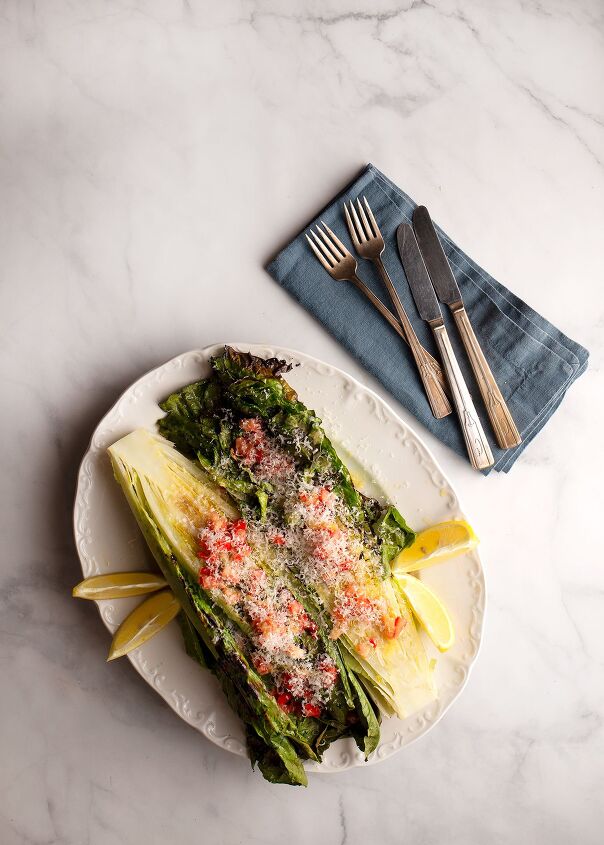grilled romaine salad, Grilled Romaine Lettuce on a white vintage platter