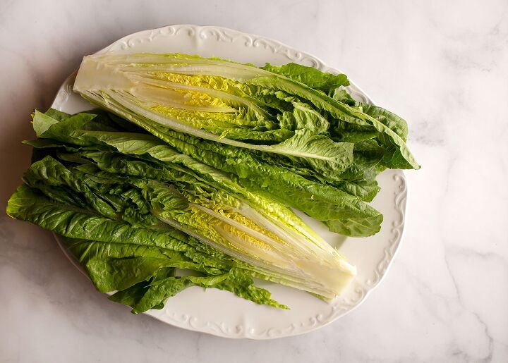 grilled romaine salad, Romaine lettuce cut in half lengthwise
