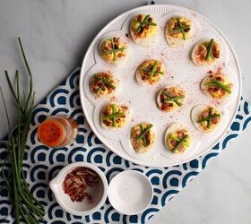 simple deviled eggs, Simple Deviled Eggs garnished with paprika bacon crumbles and chives