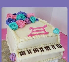 grand piano cake, white grand piano cake with pink purple and teal flowers