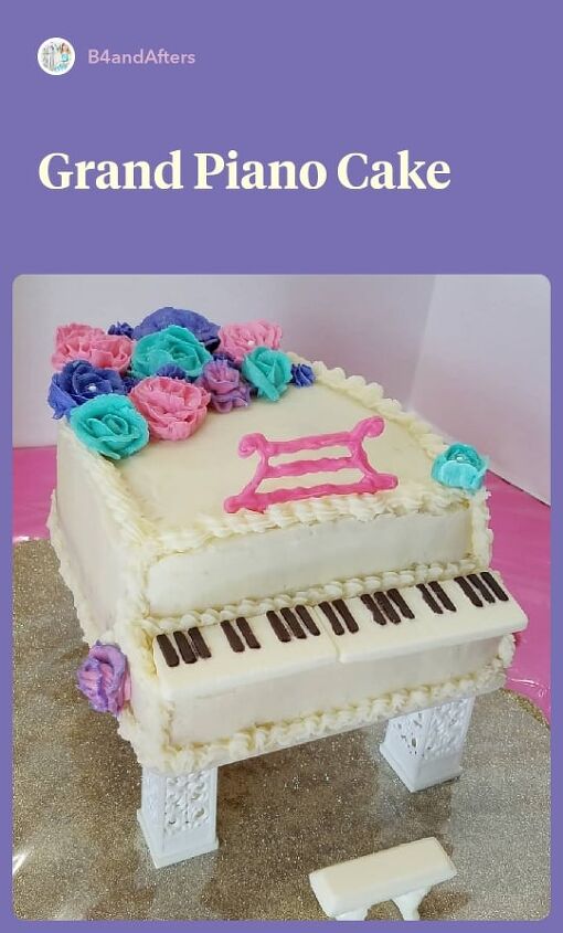 grand piano cake, white grand piano cake with pink purple and teal flowers
