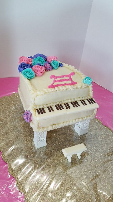 grand piano cake, white grand piano cake with blue pink and purple flowers