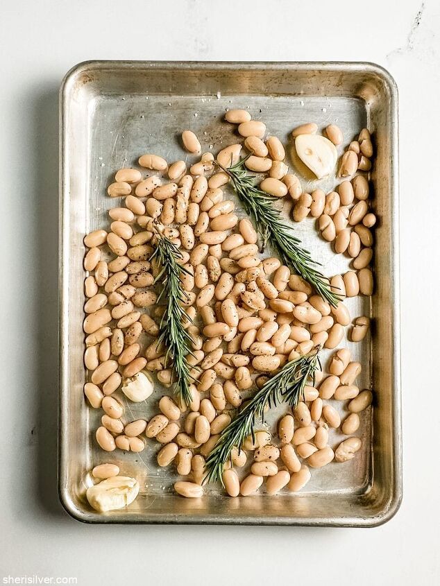 you want to make these crispy roasted white beans, white beans with rosemary and garlic on a sheet pan