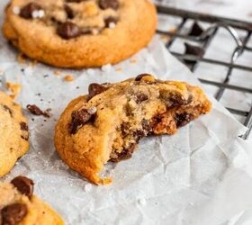 honey chocolate chip cookies gluten free dairy free, Golden honey chocolate chip cookies full of dark brown chocolate chips The closest cookie has been half eaten and shows you the inside chewy cookie texture
