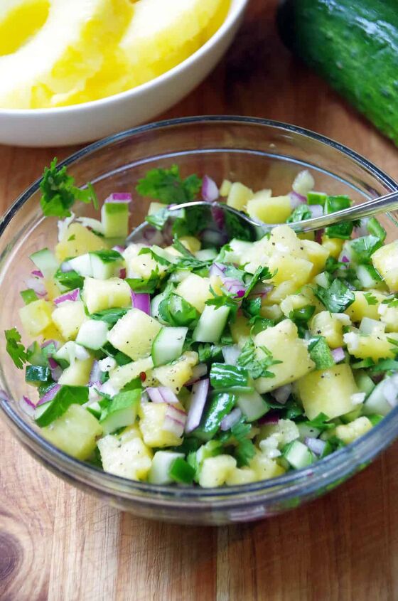 bowl of Summer salsa with cucumbers and pineapple