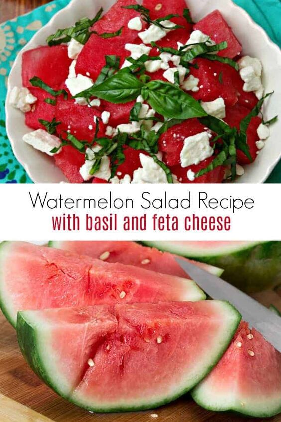 watermelon salad in a white bowl with fresh watermelon and knife
