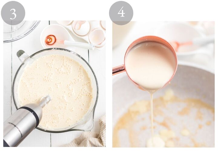parisian crepes will make you the star of brunch, mixing crepe ingredients in bowl with immersion blender and then puring batter into pan with melted butter