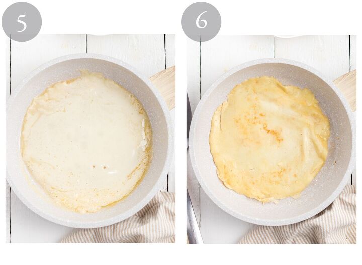parisian crepes will make you the star of brunch, crepe batter being cooked in pan and then flipped over