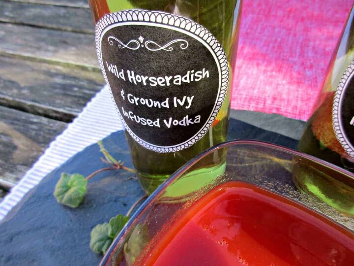 bottle of wild horseradish and ground ivy infused vodka