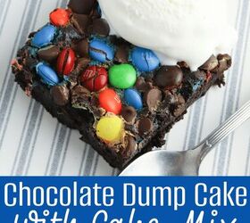 chocolate dump cake recipe with cake mix pudding mix and m ms, A serving of chocolate dump cake sitting on a blue and white striped plastic plate with a scoop of vanilla ice cream on top