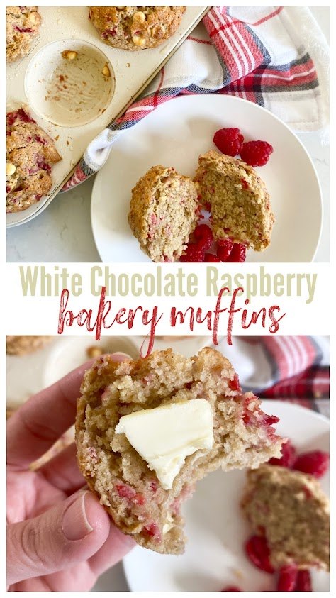 white chocolate raspberry bakery muffins, Collage of white chocolate raspberry muffins in a muffin tin on a white plate and a hand holding one with a bite of butter taken out