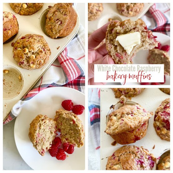 white chocolate raspberry bakery muffins, Collage of raspberry muffin photos in a muffin tin and on a white plate