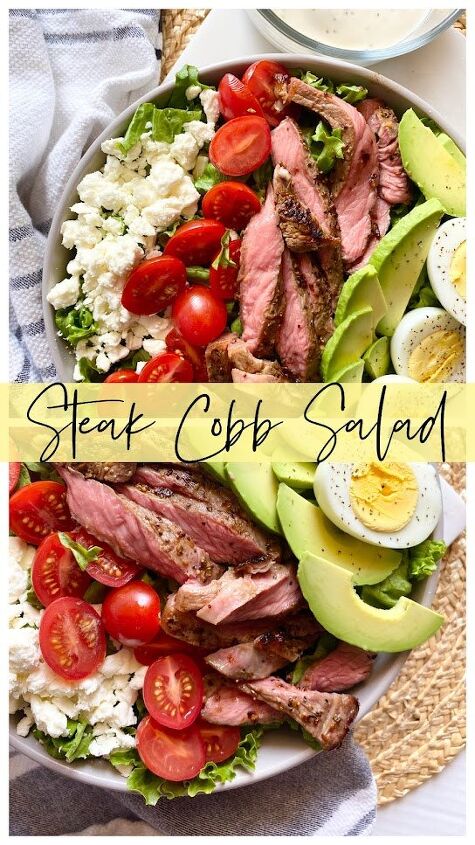 steak cobb salad, Collage of steak cobb salad with tomatoes avocados hard boiled eggs feta and sliced steak