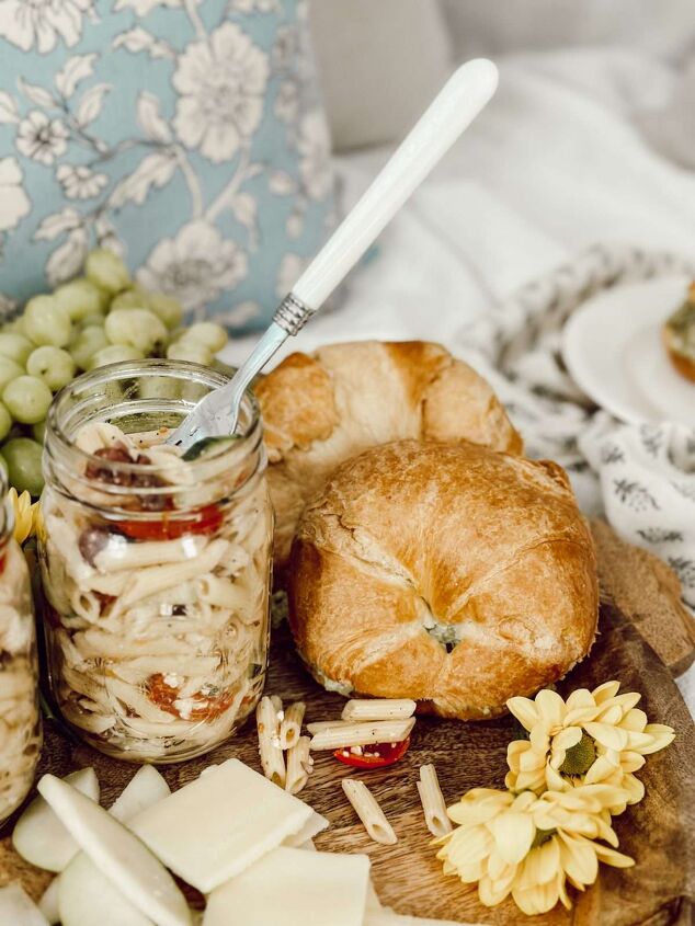 picnic foods for date night, An indoor date night with pasta salad sandwiches and cheeses