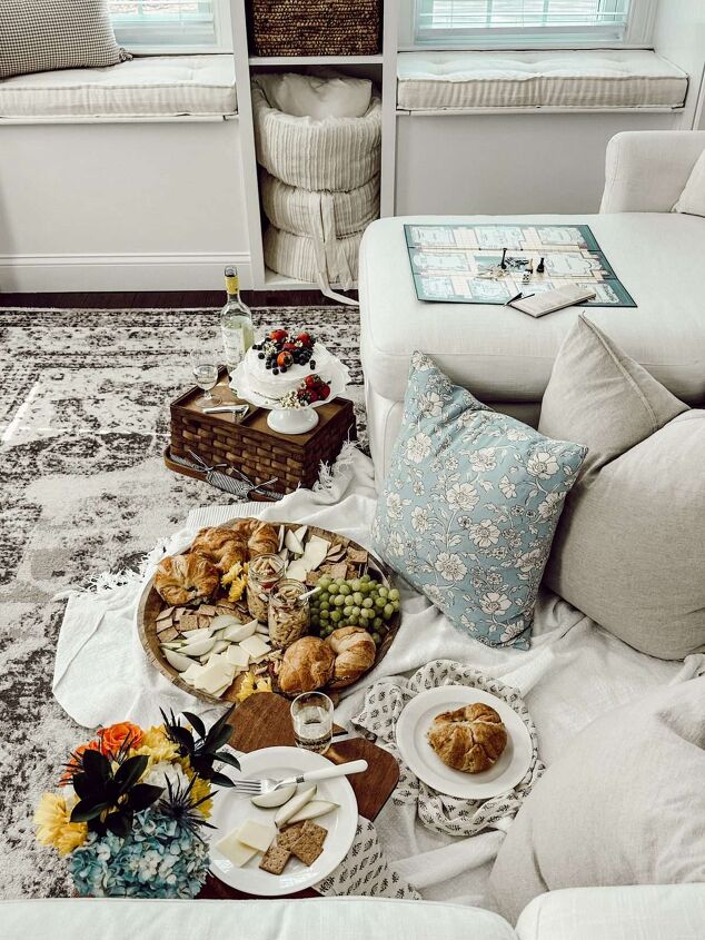 picnic foods for date night, Date night at home in our living room with an indoor picnic