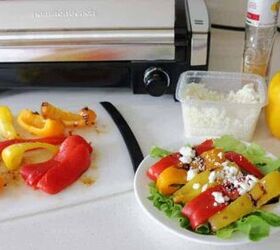 grilled peppers with feta cheese, a plate of grilled peppers near feta cheese and a grill