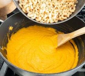 the best healthy mac and cheese recipe, Add cooked whole wheat pasta to the butternut squash and cheese sauce on the stovetop