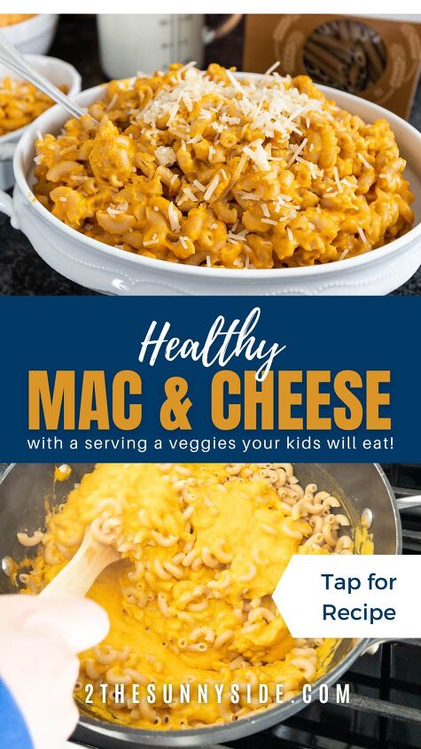 the best healthy mac and cheese recipe, Pinterest image healthy homemade mac and cheese garnished with additional parmesan cheese