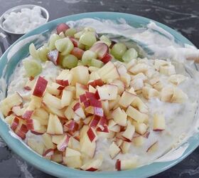 acini de pepe fruit salad, I like to add in fresh fruit for texture My favorite an apple banana and grapes
