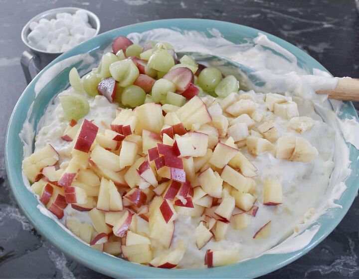 acini de pepe fruit salad, I like to add in fresh fruit for texture My favorite an apple banana and grapes