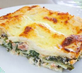 easy meatless white spinach lasagna, a square of meatless white spinach lasagna on a white plate