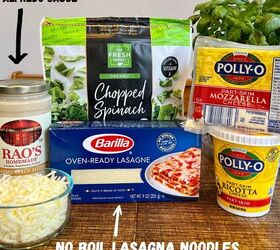 easy meatless white spinach lasagna, White lasagna ingredients Rao s Alfredo sauce lasagna noodles shredded mozzarella chopped spinach ricotta cheese and a basil plant on a wooden table