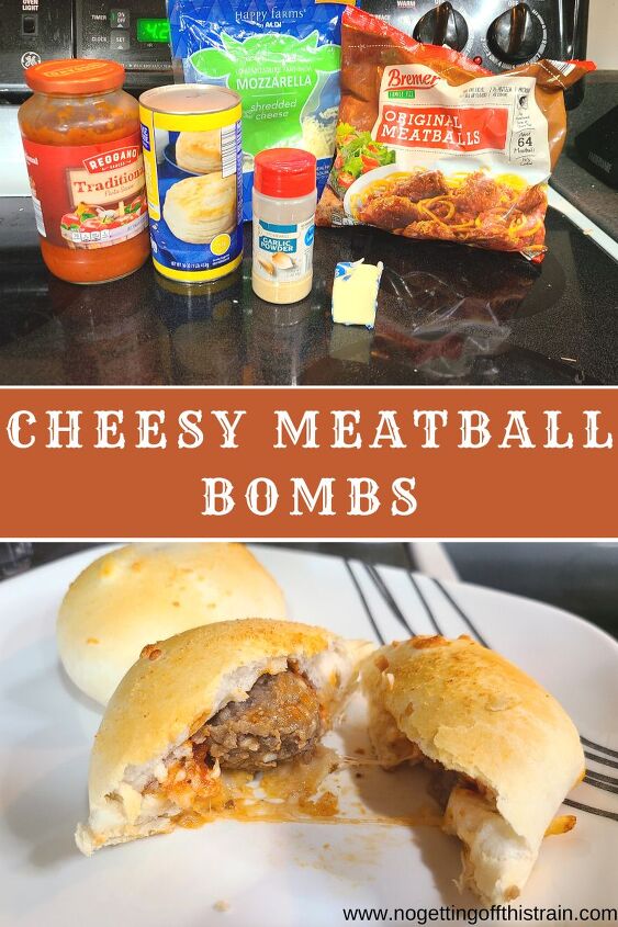 cheesy pizza meatball bombs recipe, Meatball bombs on a plate with text Cheesy meatball bombs