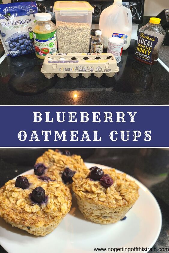 baked blueberry oatmeal cups meal prep friendly, Three blueberry oatmeal cups on a plate with text Blueberry oatmeal cups