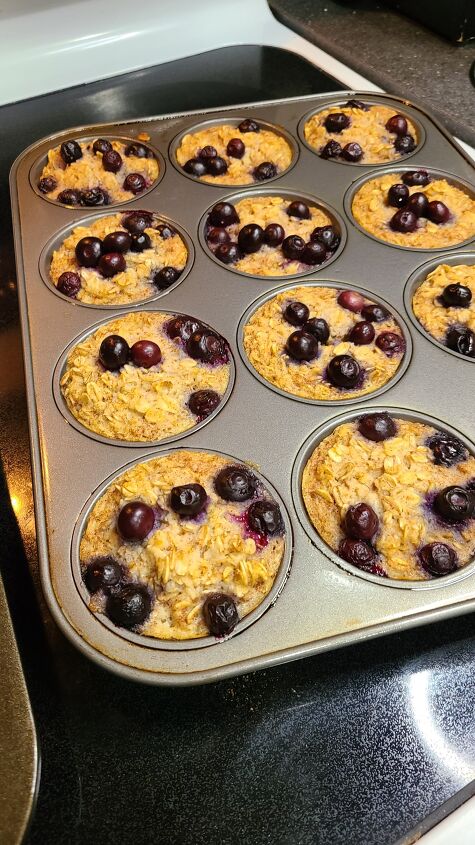baked blueberry oatmeal cups meal prep friendly, A muffin tin with baked oatmeal cups