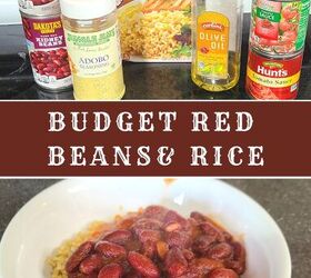 budget red beans and rice recipe, Red beans and rice in a bowl with text Budget red beans rice