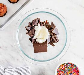 chocolate covered ice cream bites with oreos, A bowl of coconut oil and chocolate next to a bowl of sprinkles