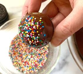 chocolate covered ice cream bites with oreos, Sprinkle with sprinkles
