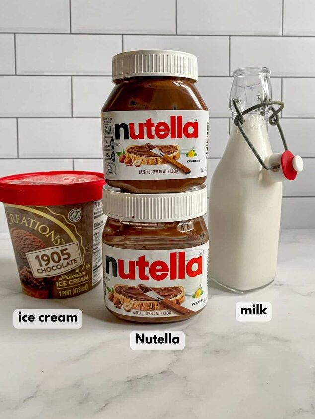 nutella milkshake recipe 3 ingredients, Ingredients two jars of Nutella stacked on top of each other a pint of chocolate ice cream and a jug of milk