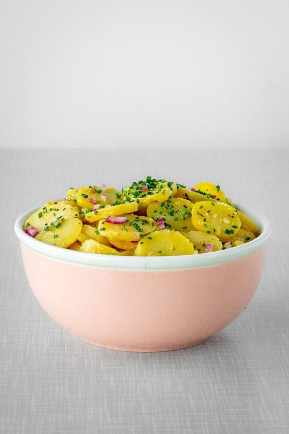 austrian potato salad, A pastel pink vintage bowl filled with potato salad