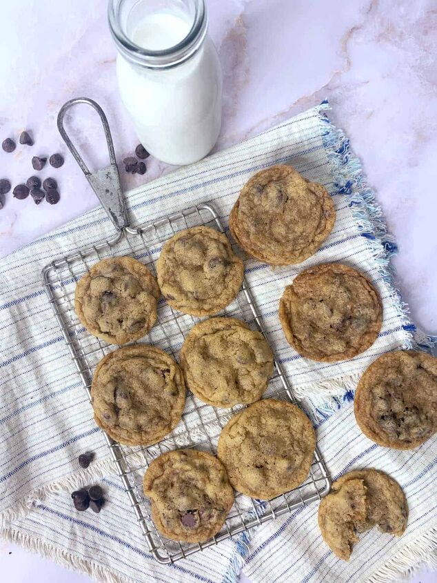 small batch chocolate chip cookies, Chocolate chip cookies on a wire rack on a blue and white striped towel