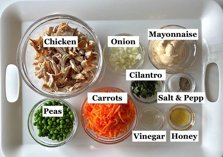 brazilian chicken salad salpicao de frango, Ingredients prepped and measured out in bowls for Brazilian Chicken Salad