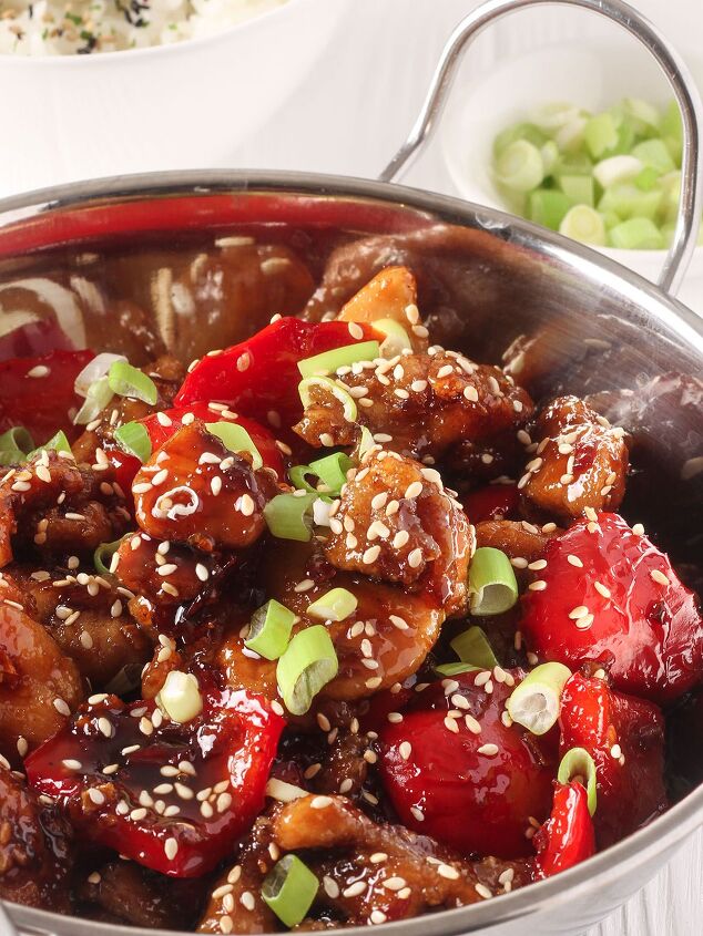 crispy shredded chilli beef tastier than takeaway, honey chilli chicken ready to be served