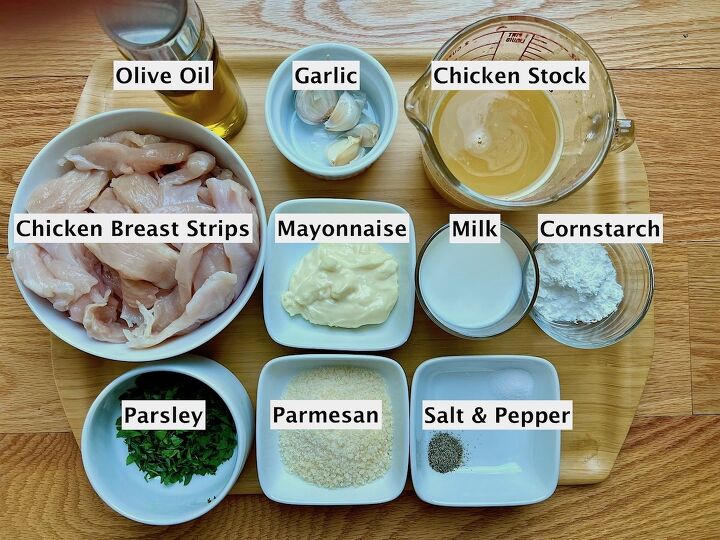 white sauce chicken pasta recipe, All ingredients prepared and measured in bowls on a wood counter for White Sauce Chicken Pasta recipe