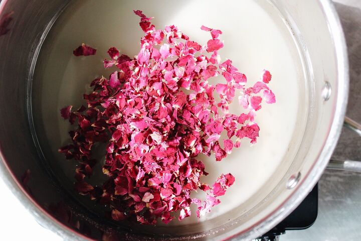 rose simple syrup, dried rose petals sugar and water in a pot over medium heat
