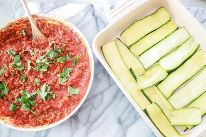 zucchini casserole with ground beef, Now that our marinara sauce is prepared we are going to layer our zucchini zoodles