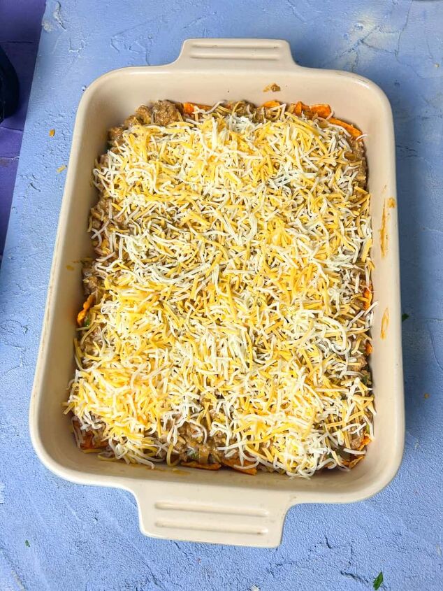 dorito casserole with ground beef, cheesy beefy goodness